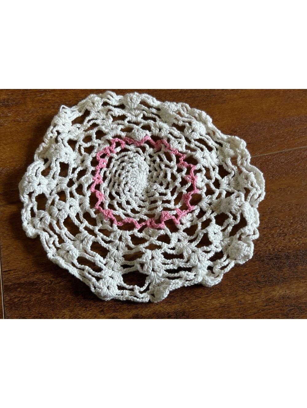 Vintage Handmade Crocheted Doily with Pink Heart Accent